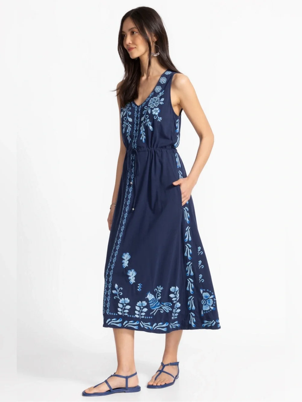 NWT JOHNNY WAS EMBROIDERED BLUE BOHO DRAWSTRING RESORT WEAR YADIRA MIDI DRESS 3X - Picture 3 of 10